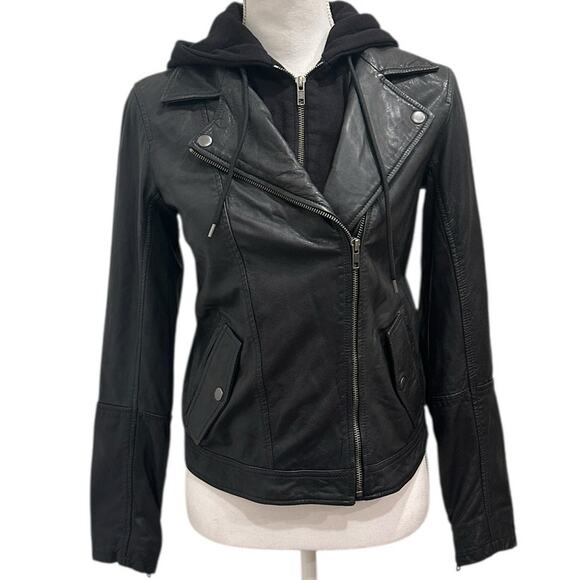Caslon Black Leather Moto Biker Jacket Removable Hood Indie Sleaze Punk Edgy Emo - Picture 2 of 12